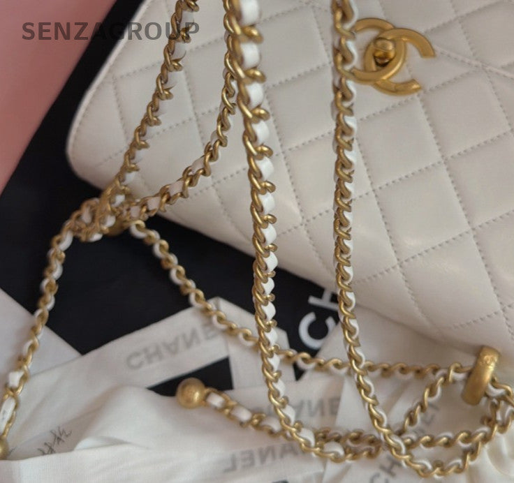 Chanel Diamond Calfskin Chain Shoulder Bag White Gold Women Classic Fashion