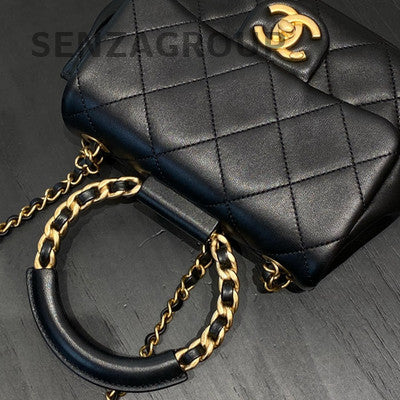Chanel Black Lambskin Gold Hardware Circle Handle Chain Crossbody Bag