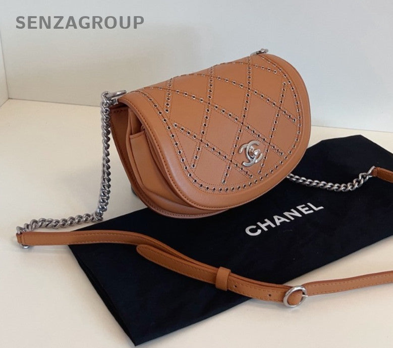 CHANEL Saddle PM Calfskin Rivet caramel color Chain Shoulder bag Crossbody Women