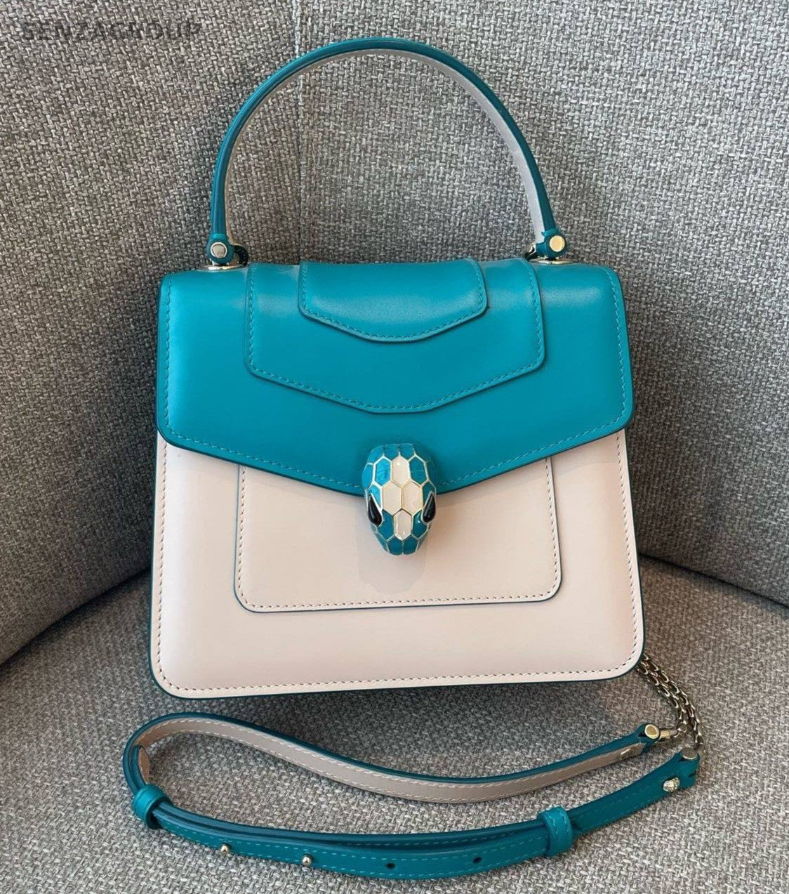 Bvlgari Serpenti PM Chain Crossbody Top Handle Bag Blue Silver Women Classic