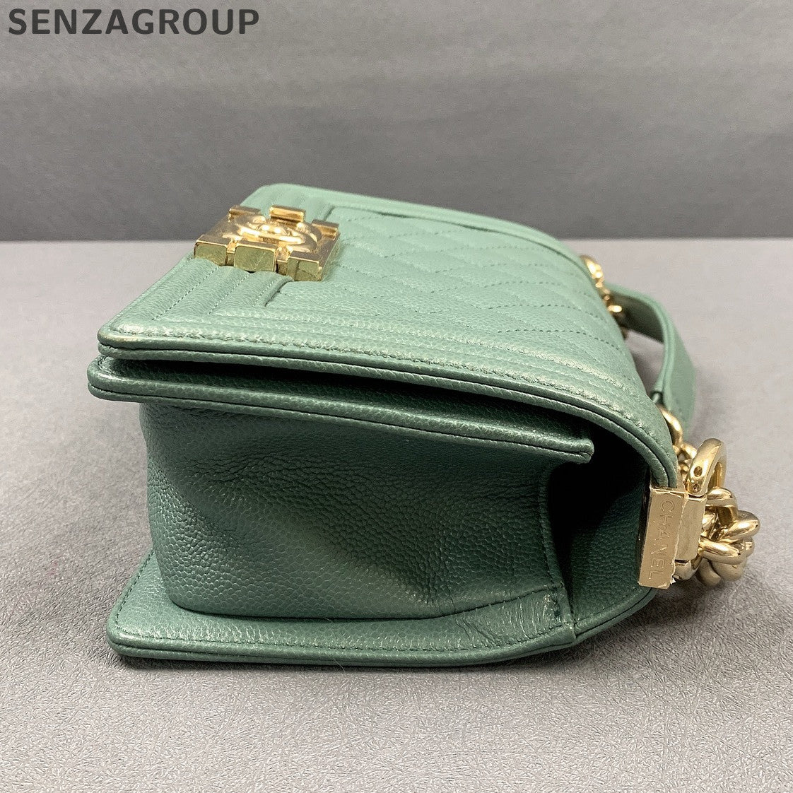 Chanel Small Boy Bag Green Gold Quilted Classic Chain Shoulder Crossbody