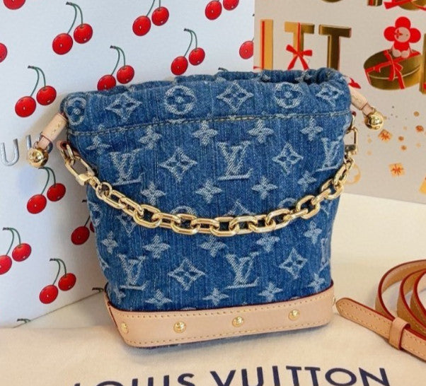 Louis Vuitton Nano Noe Denim Monogram Chain Shoulder Crossbody Blue Gold Women