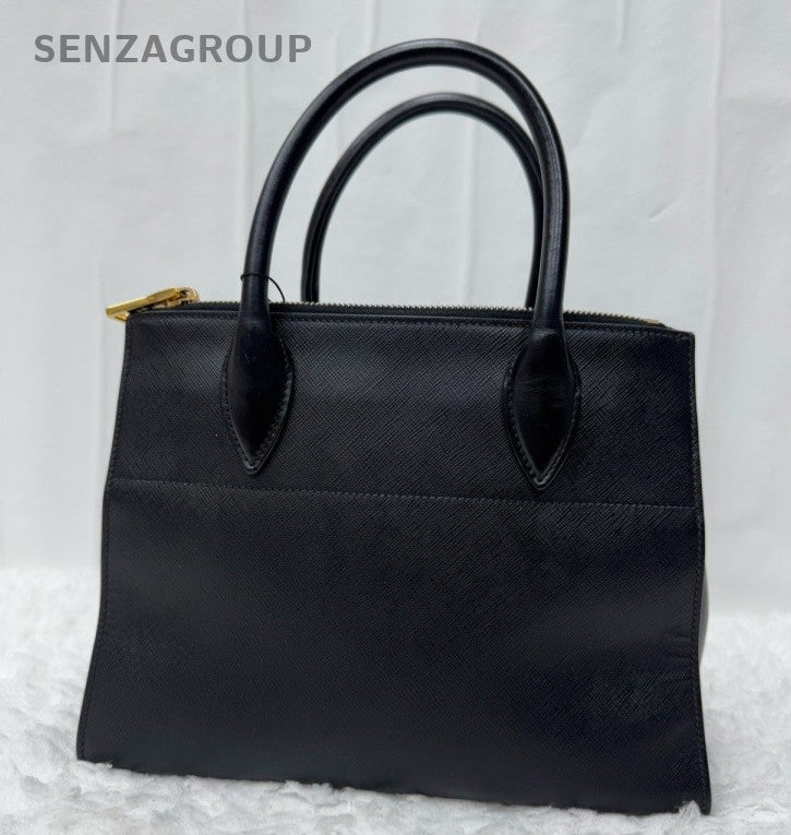 Prada Galleria PM Top Handle Bag Black Gold Used Women Classic