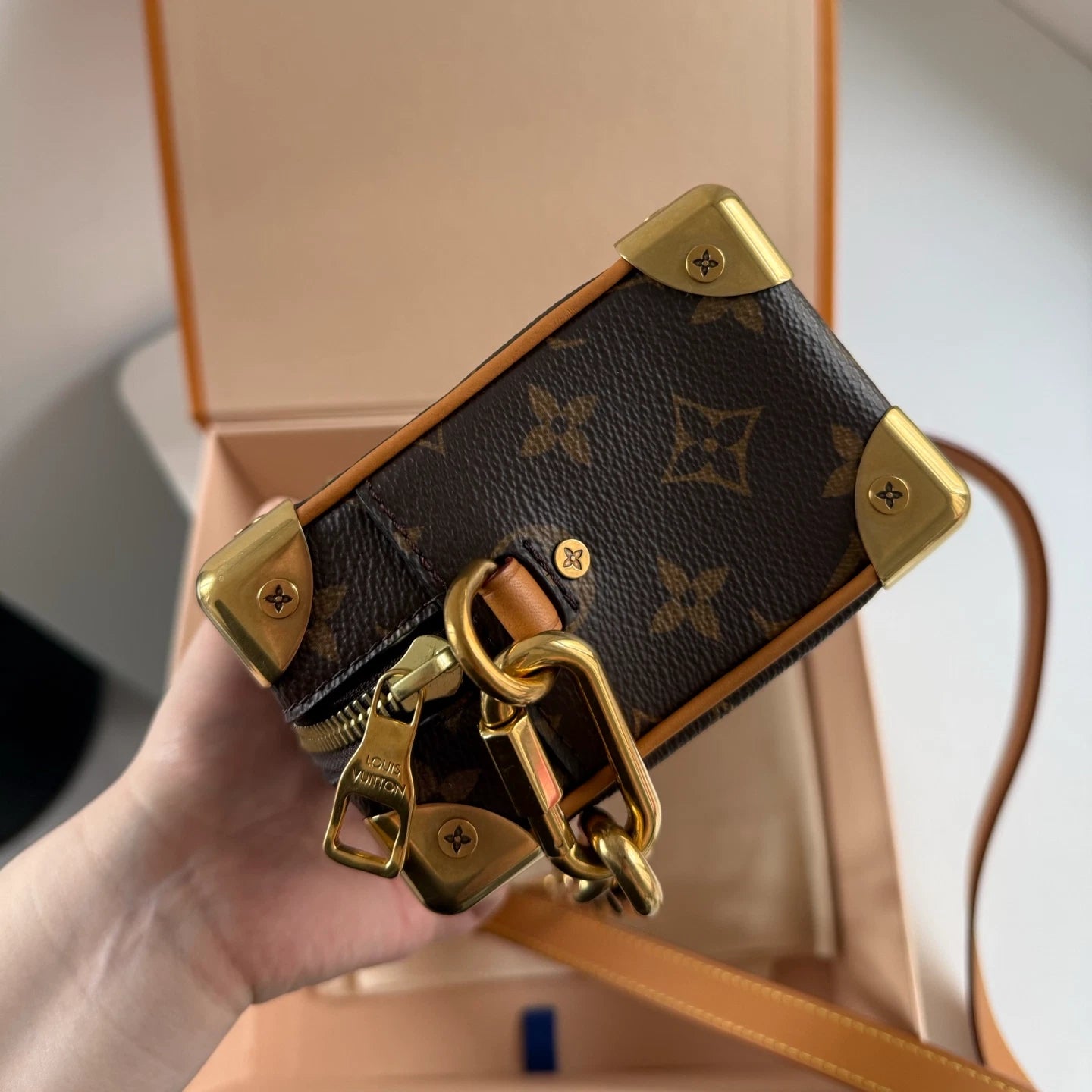Louis Vuitton Soft Trunk Monogram Canvas Shoulder Bag Crossbody Gold Hardware