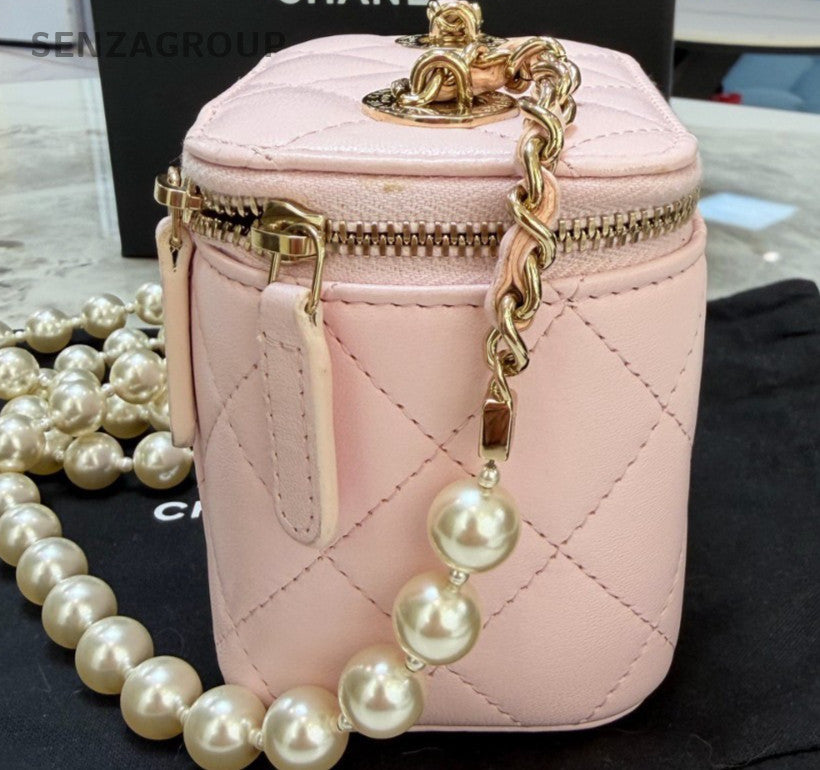 Chanel Diamond Mini Pearl Chain Shoulder Bag Crossbody Pink Gold Women Fashion