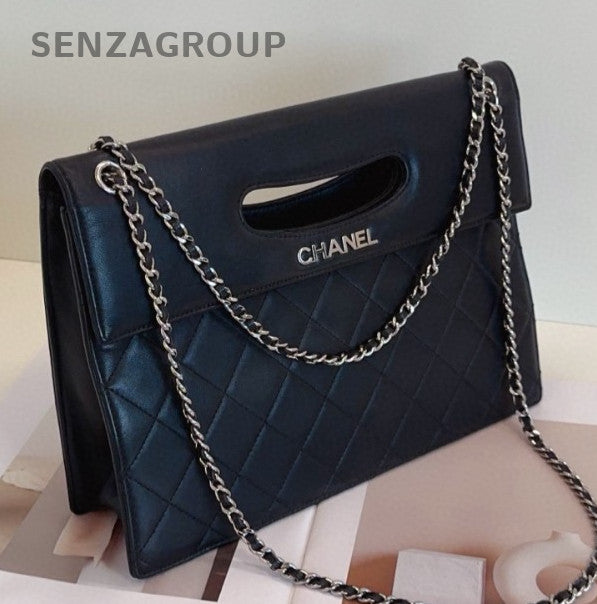 Chanel Satchel Top Handle Bag Chain Shoulder Bag Crossbody Black Silver Women