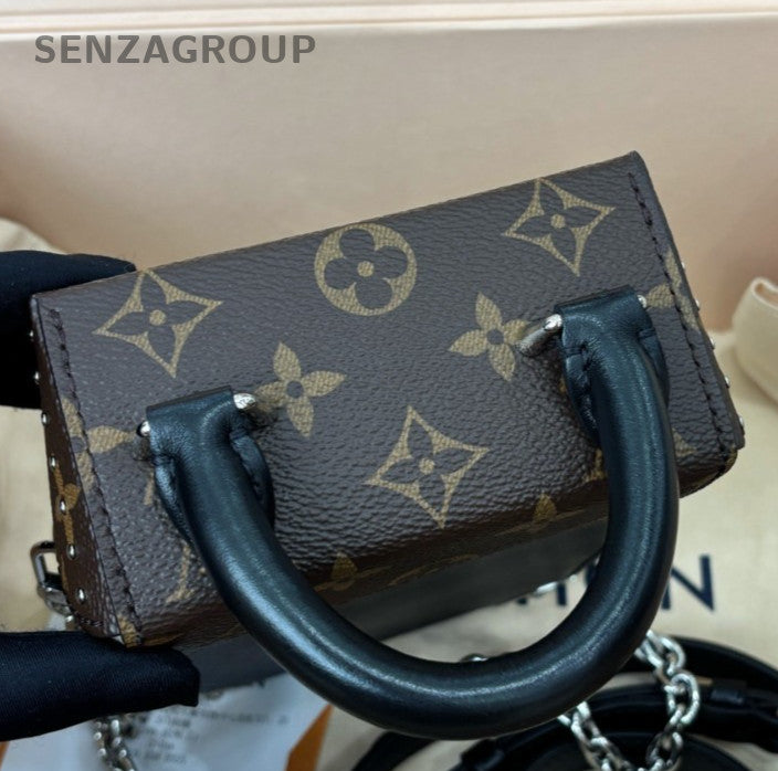 Louis Vuitton Monogram Camera Box Chain Shoulder Bag Black Brown Silver Women