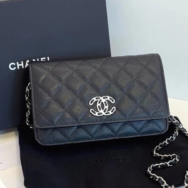 Chanel WOC Diamond Chain Top Handle Shoulder Bag Black Silver Women Classic