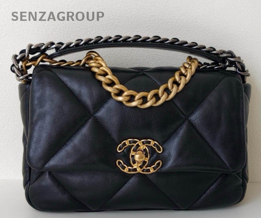 Chanel 19 PM Lambskin Chain Shoulder Bag Crossbody Black Gold Women Classic