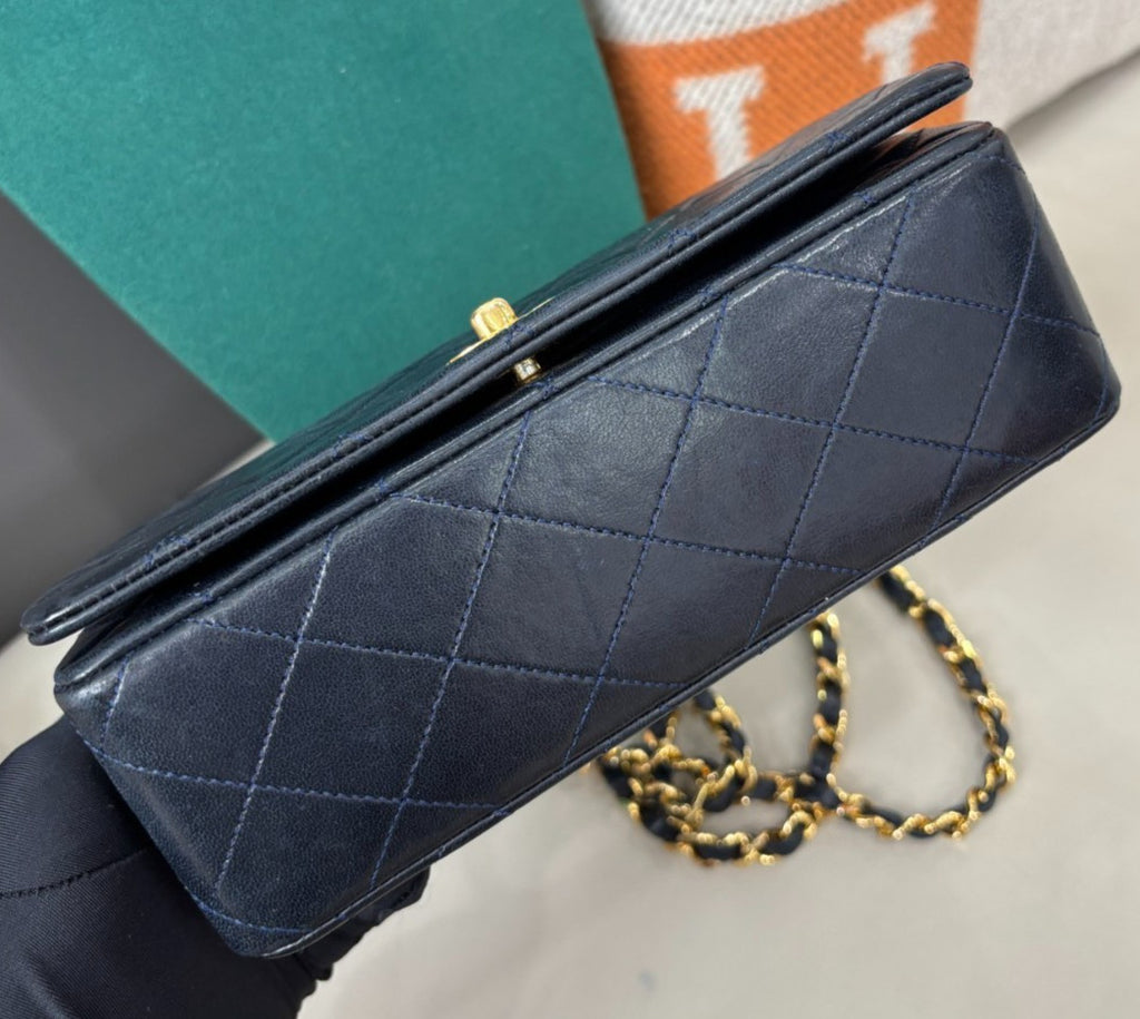Chanel Lambskin Chain Shoulder Bag Crossbody Blue Gold Women Classic