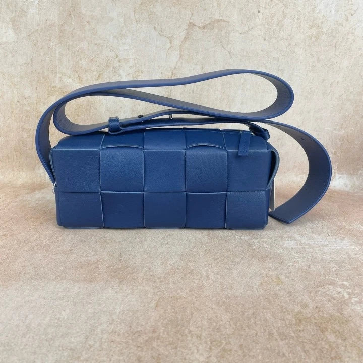 Bottega Veneta Brick Cassette 10-grid Navy Woven Shoulder Bag for Women