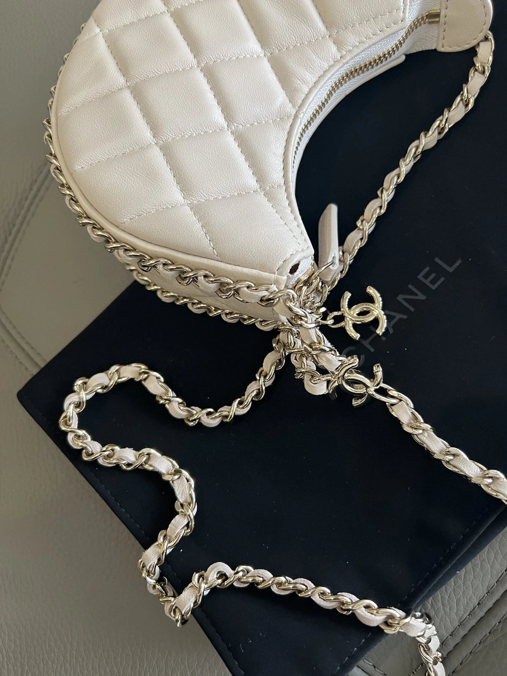 Authentic Chanel Hobo MINI Chain Shoulder Crossbody Bag White Gold Hardware