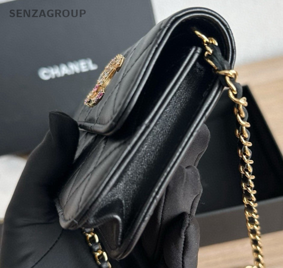 Chanel WOC Mini Lambskin Chain Shoulder Bag Crossbody Black Gold Women Classic