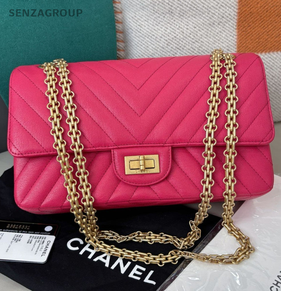 Chanel 2.55 PM Chain Shoulder Bag Pink Gold Women Classic Fashion