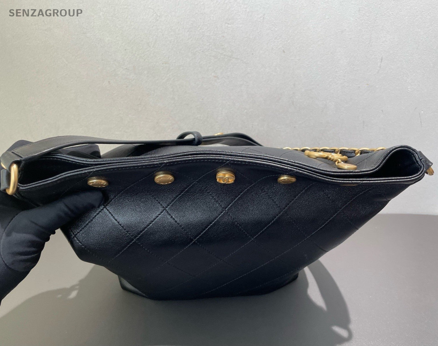 Chanel Lambskin Hobo Diamond Chain Shoulder Bag Black Gold Women Classic