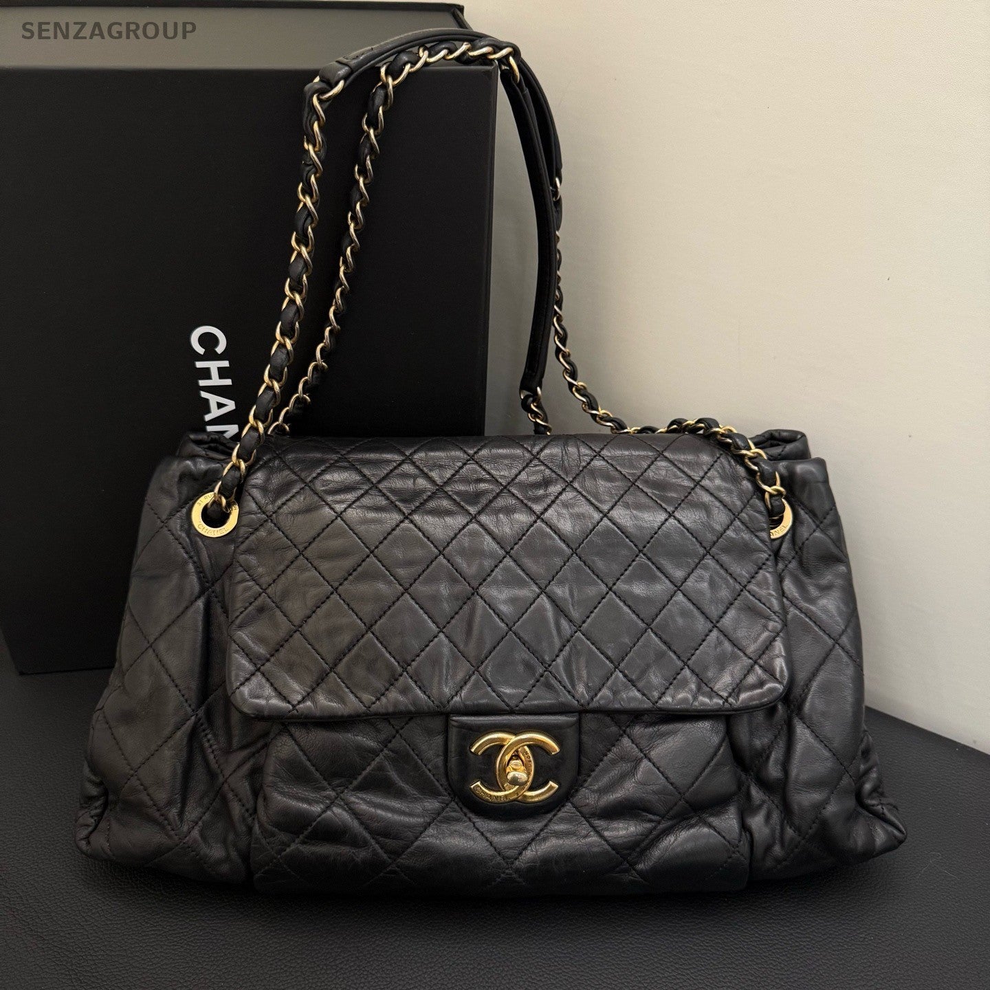 Chanel Classic Flap Calfskin Chain Shoulder Bag Black Gold Used Women Designer