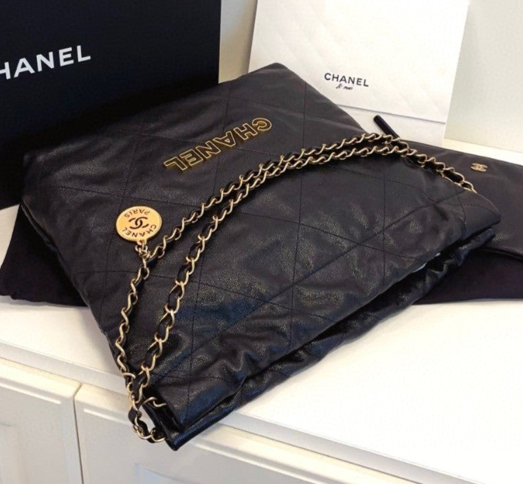 Chanel 22Bag PM Chain Shoulder Bag Black Gold Diamond Women Classic