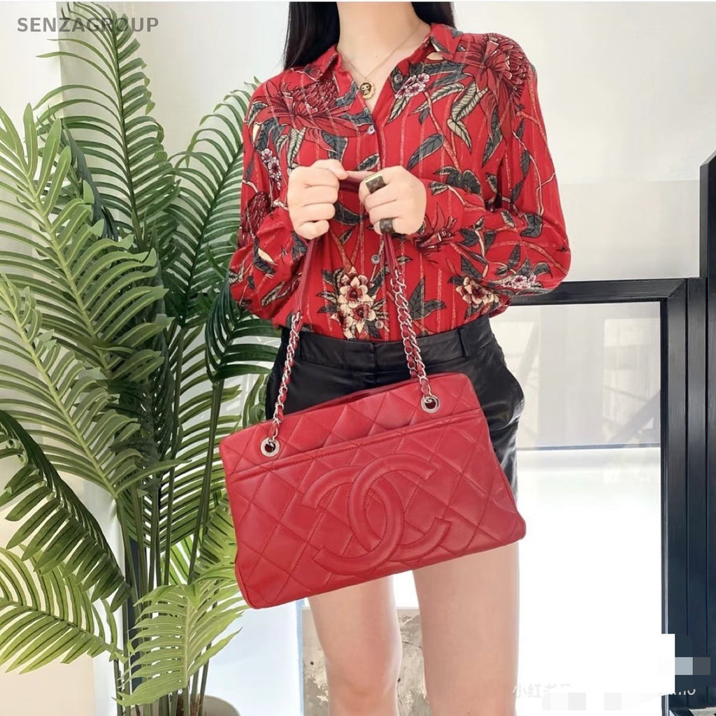 CHANEL 12C Calfskin CC Logo Chain Shoulder bag Red Silver Women