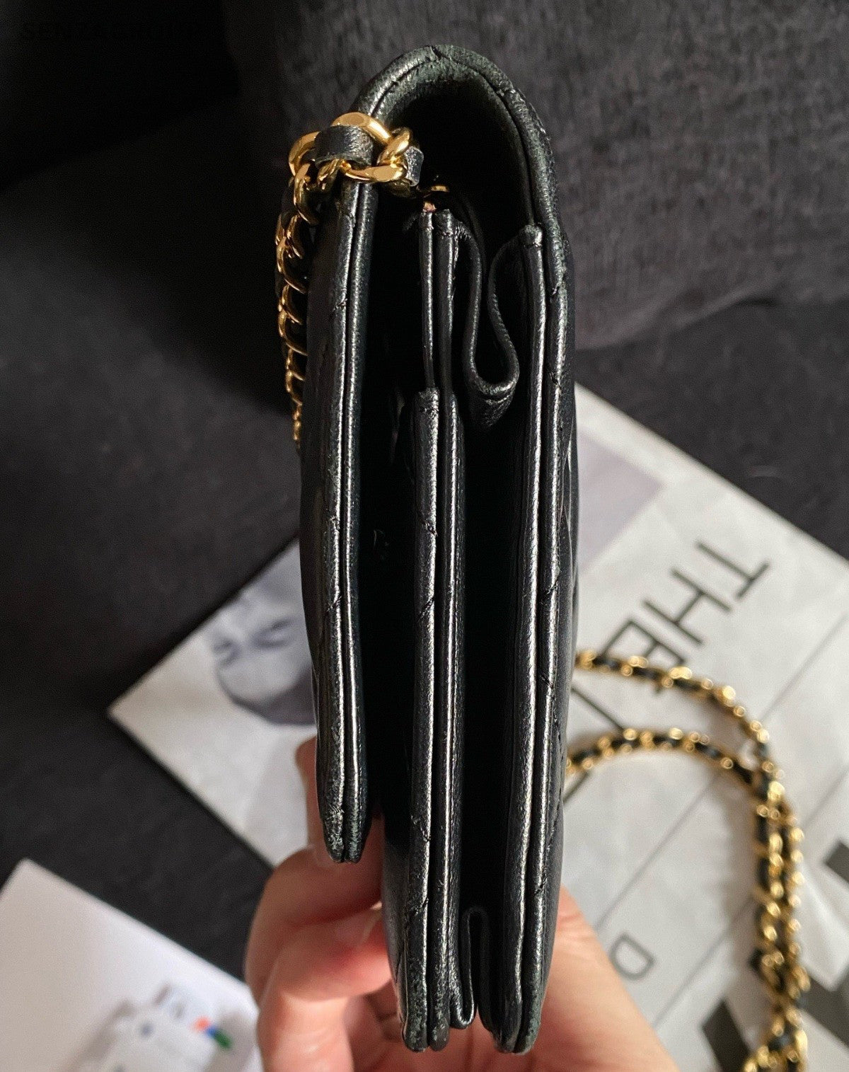 Chanel WOC Chain Shoulder Bag Crossbody Black Gold Women Classic Diamond