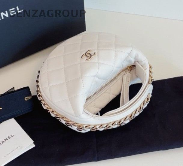 Chanel Pouch Hobo White Gold Top Handle Bag Used Women Classic