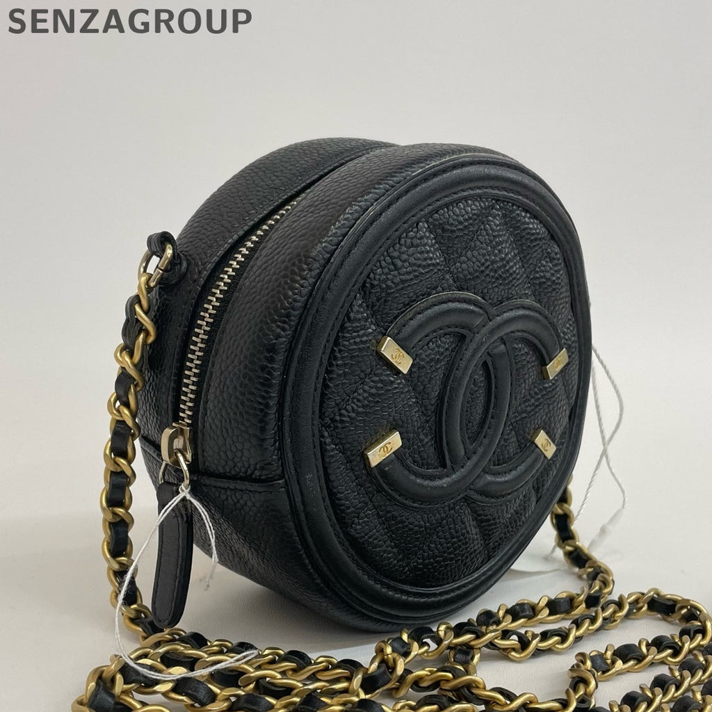 Chanel Black Caviar Leather Double C Round Bag Chain Shoulder Crossbody