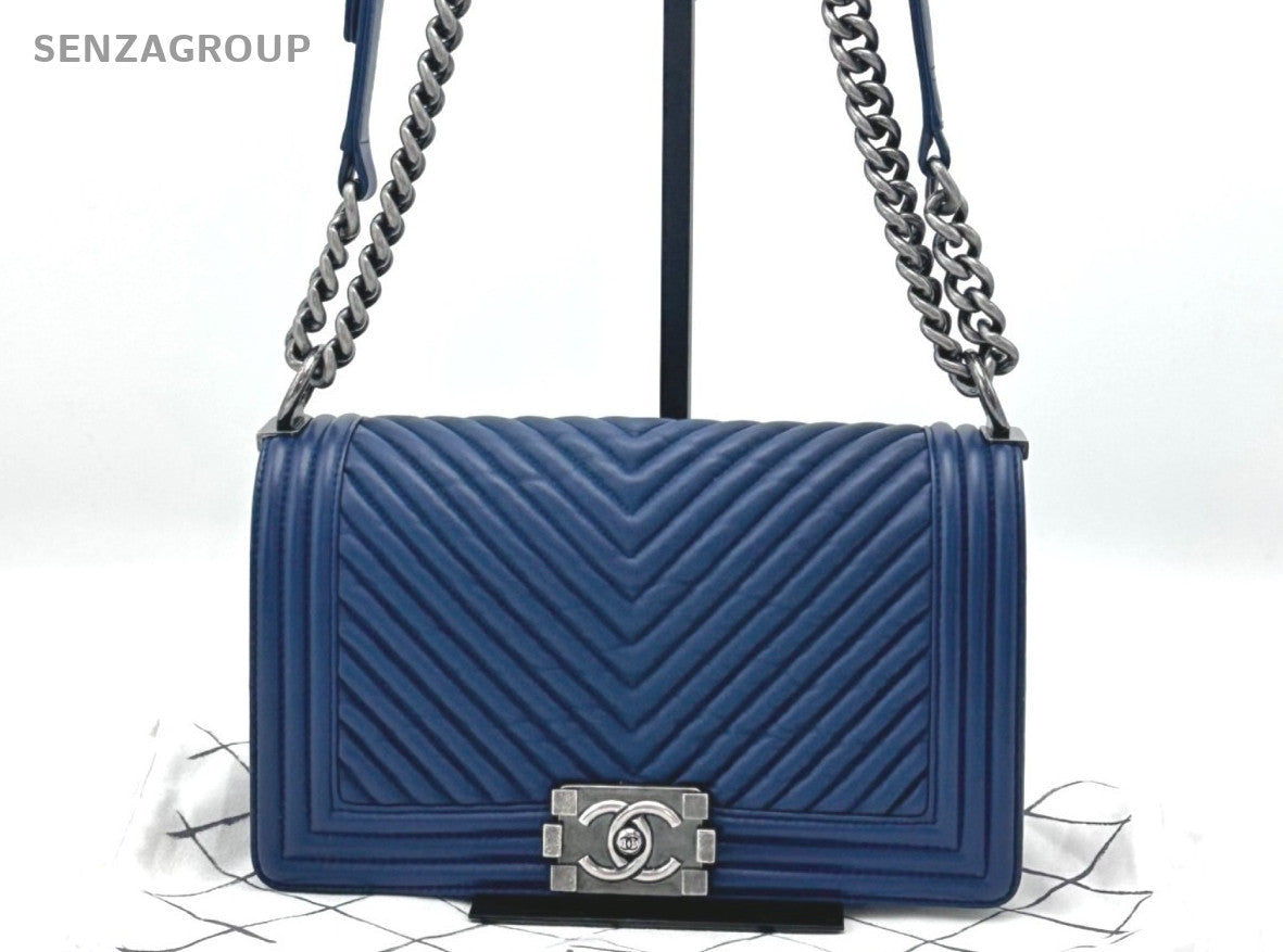 Chanel Leboy MM V-shaped pattern Chain Shoulder bag Blue Silver Women Classic