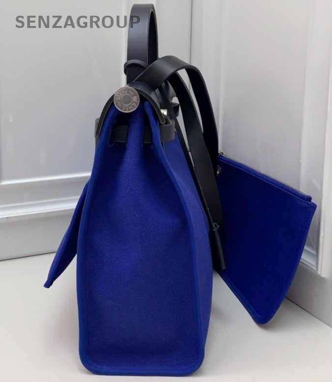 HERMES herbag Canvas Leather  Handbag Shoulder Crossbody Bag Women Blue