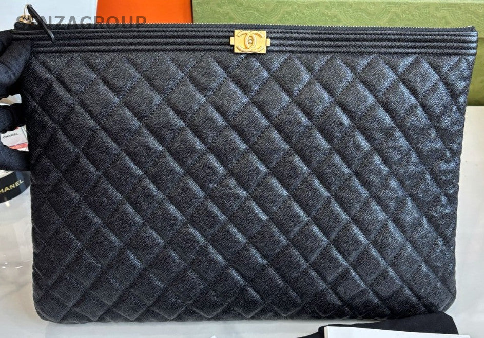 CHANEL Leboy Calfskin Clutch Handbag Black Gold Almost Brand NEW