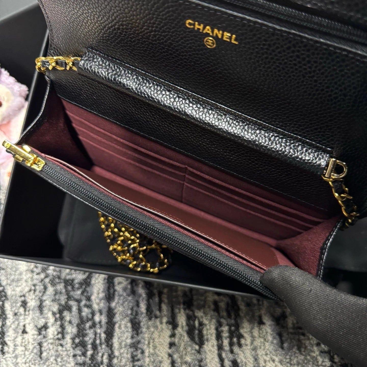 CHANEL Black Lamskin Gold 24 Chip WOC Crossbody Bag For Women