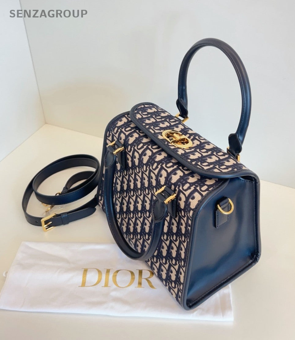 Christian Dior Boston Monogram Top Handle 2way Shoulder Handbag Blue Gold Women