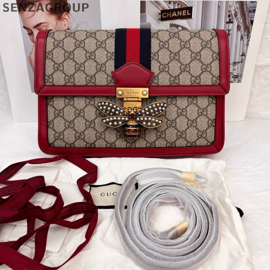 Gucci Queen Margaret Crystal Buckle Shoulder Crossbody Bag Beige Red