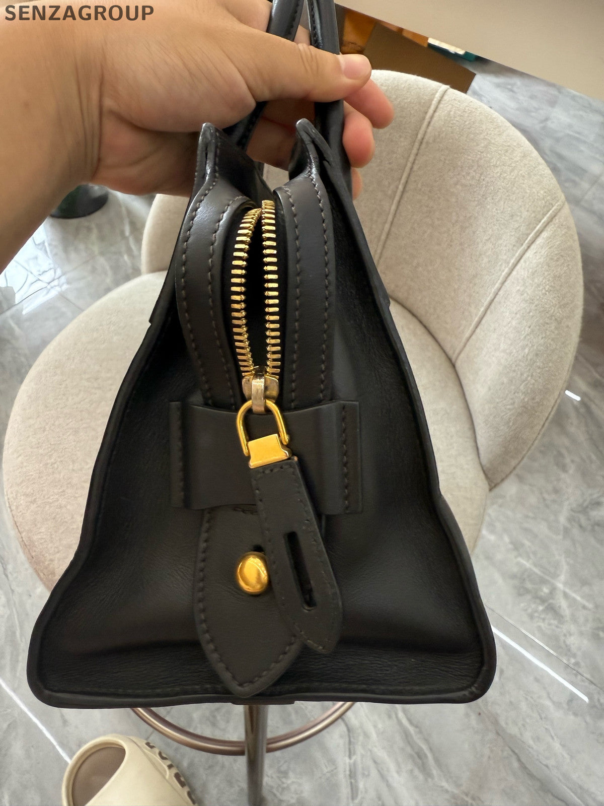 Prada Black Gold Small 2Way Zip Tote Shoulder Bag Classic Women