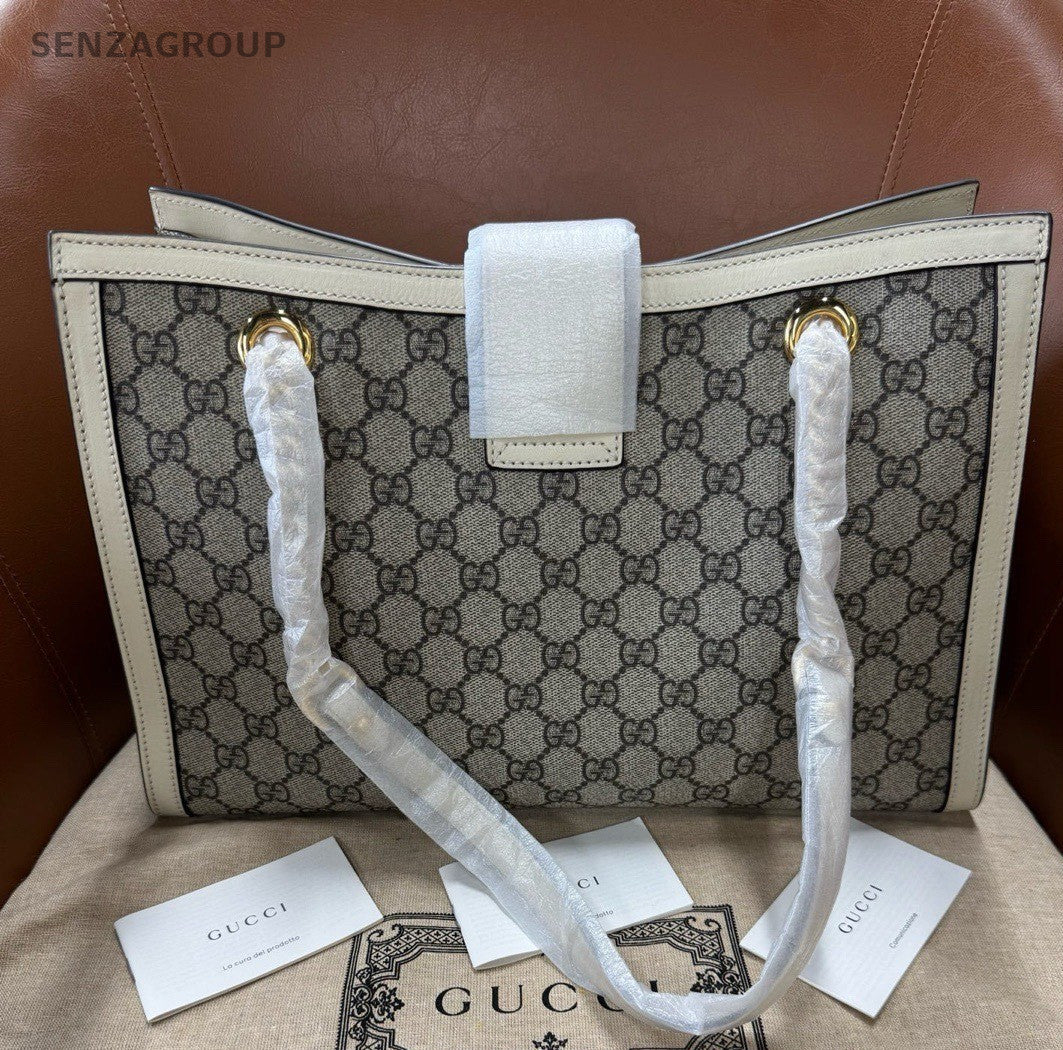 GUCCI Padlock MM Tote Handbag Shoulder Bag White Gold Women Classic Designer