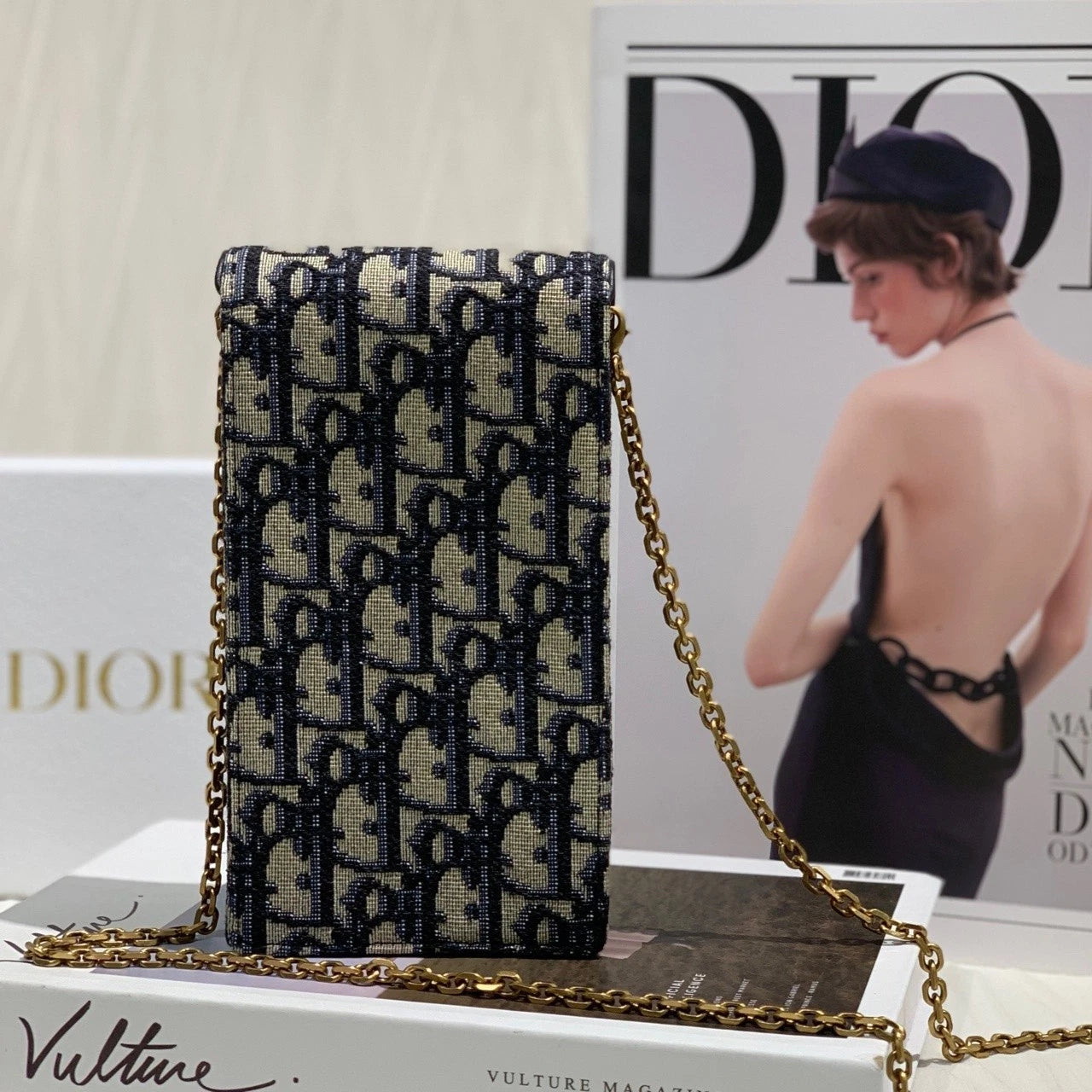 Dior Canvas Vertical Saddle Monogram Chain Phone Crossbody Women