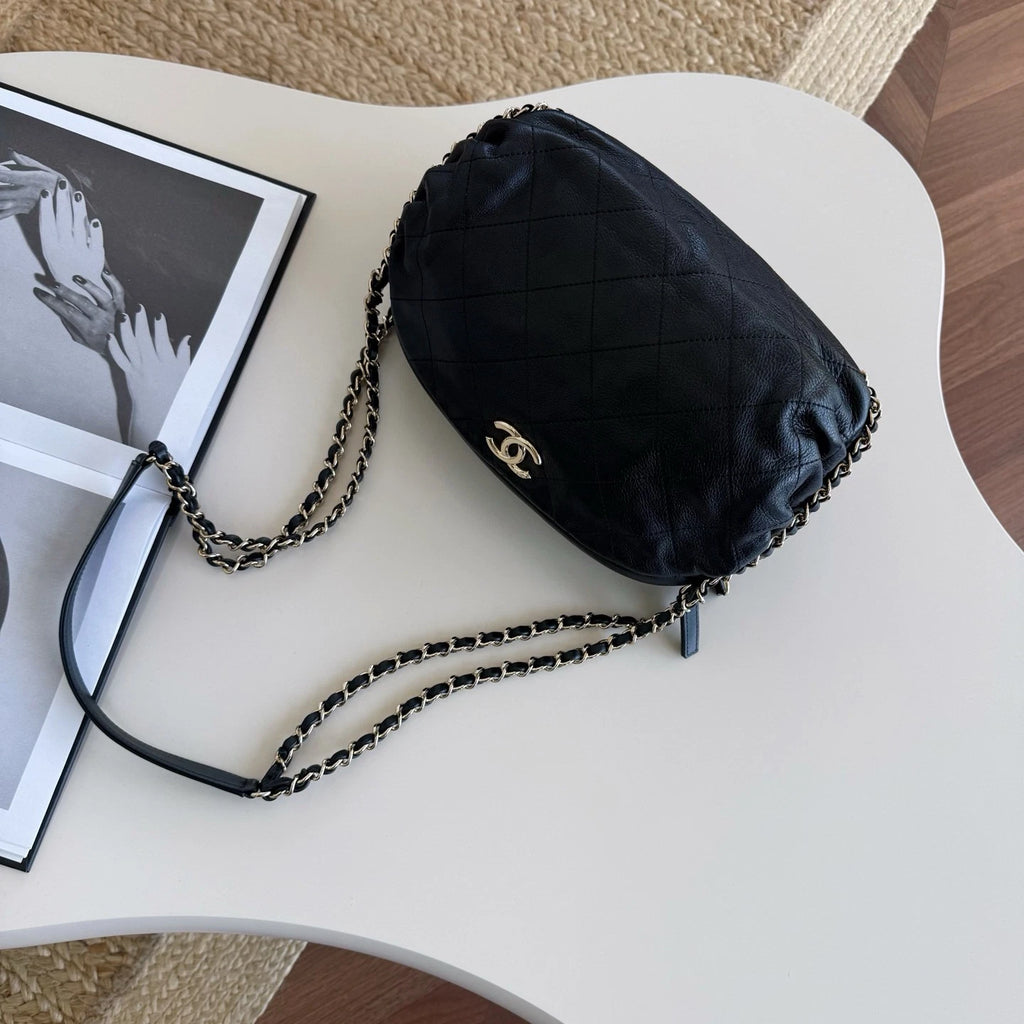 Chanel Calfskin Hobo Chain Shoulder Bag Black Gold Used Women Classic