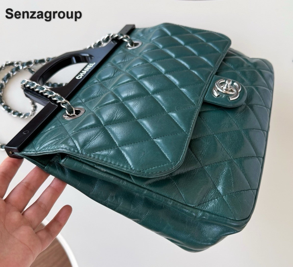 Chanel Diamond Chain Top Handle Shoulder Crossbody Green Silver Women Classic