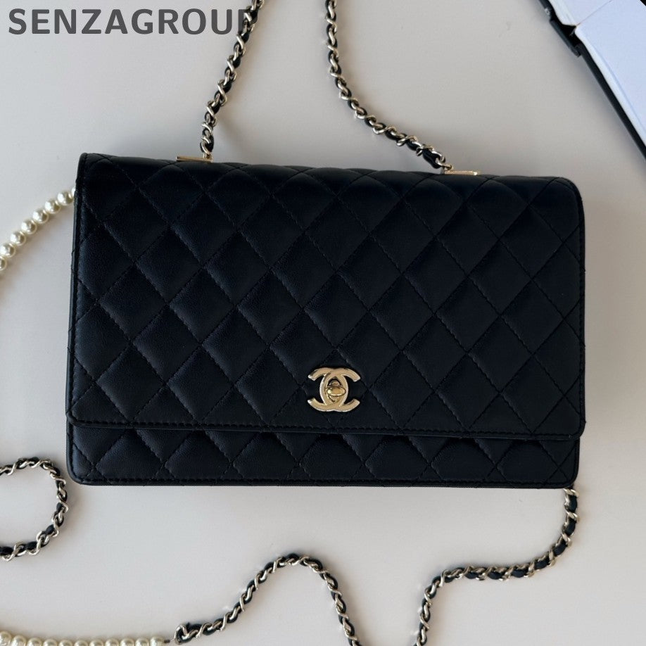 Chanel WOC Diamond Pearl Chain Shoulder Crossbody Black Gold Women Classic