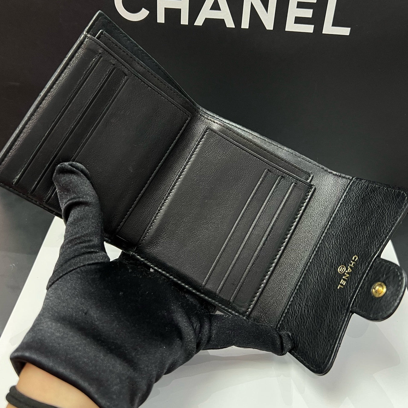 Chanel Black Gold V-Stitch Clutch Wallet Classic Women's