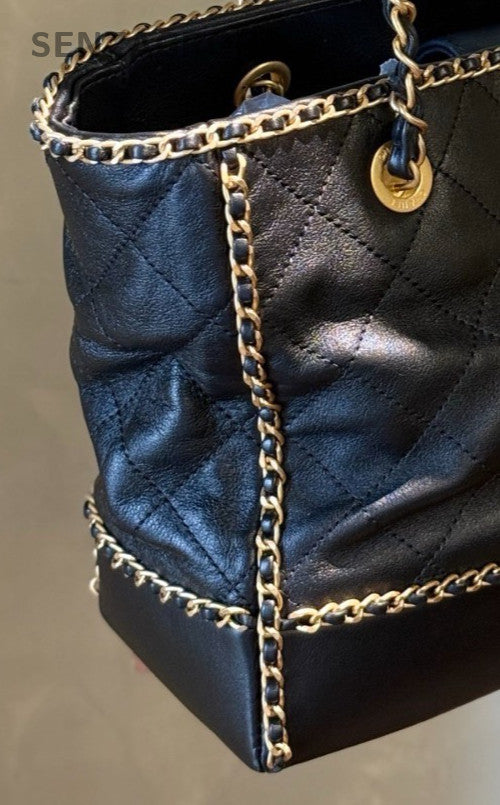 Chanel Lambskin Chain CC Logo Tote Shoulder Bag Black Gold Used Women Classic