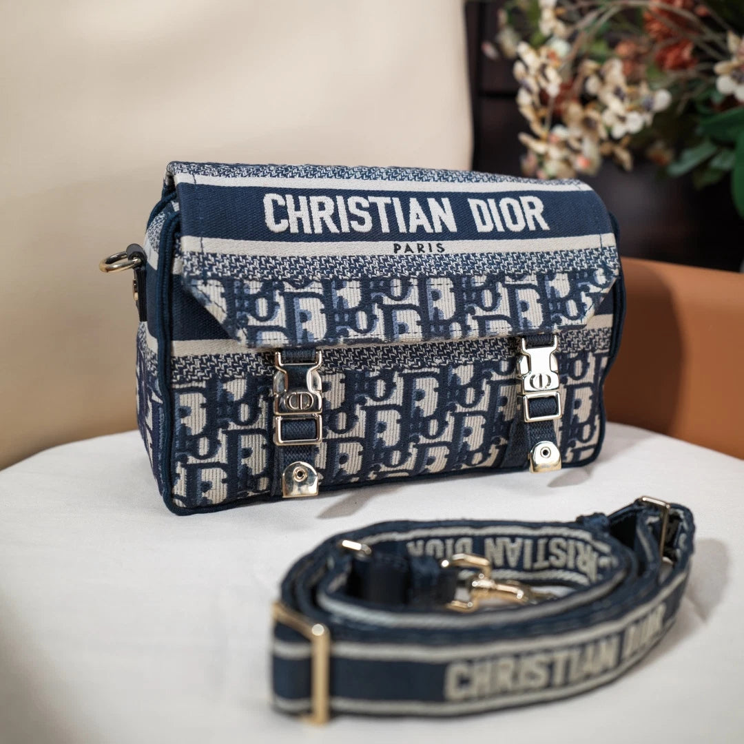 Christian Dior Camp PM Oblique Canvas Blue Shoulder Bag Crossbody SHW