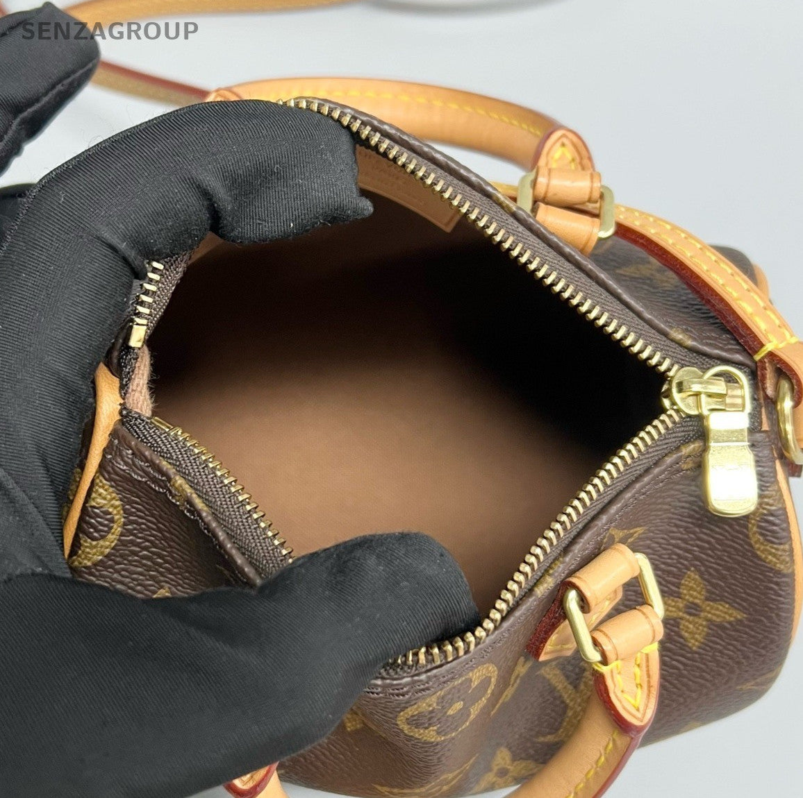 Louis Vuitton Speedy Nano Monogram Top Handle Bag Crossbody Brown Gold Women