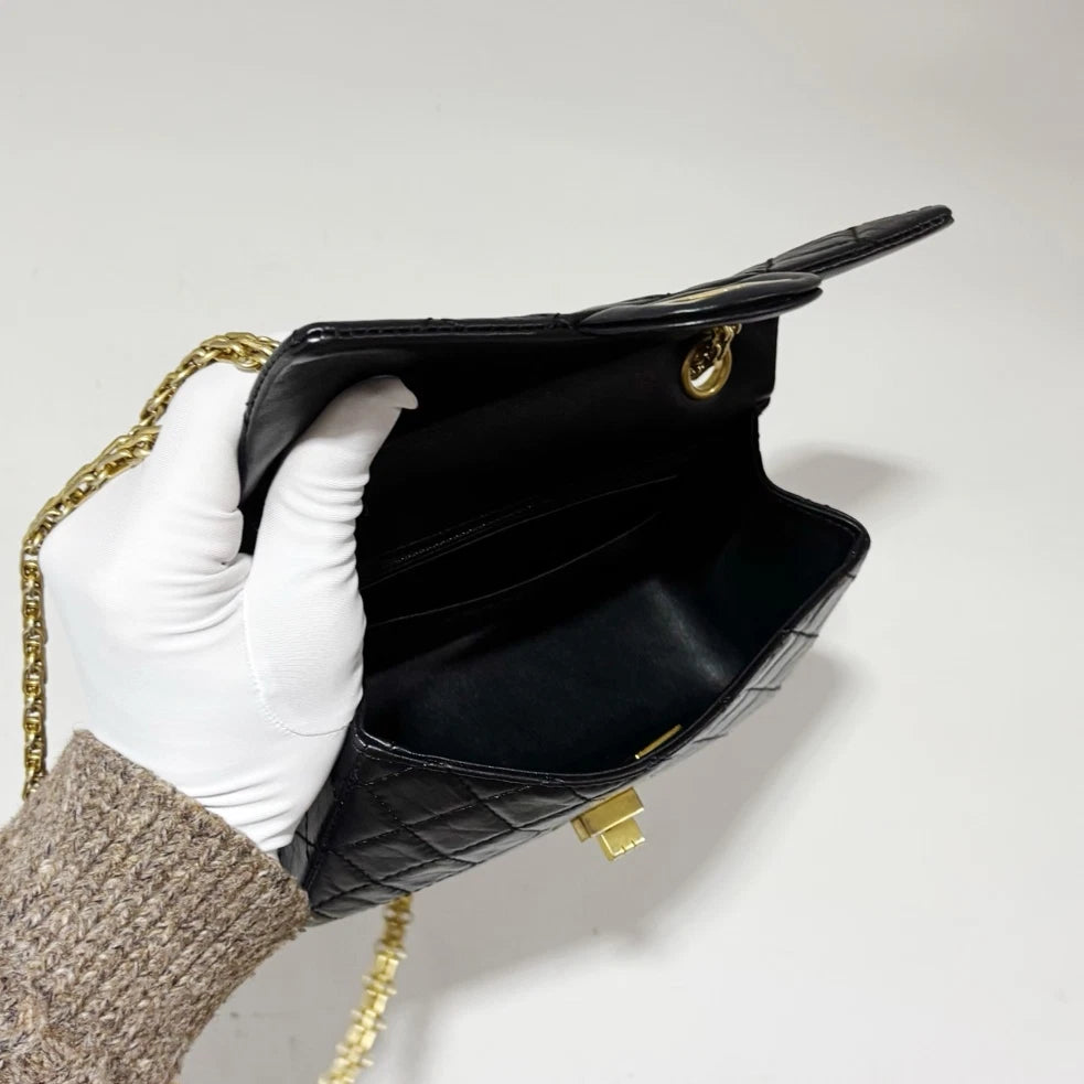 Chanel 2.55 Mini Chain Shoulder Bag Crossbody Black Gold Women Classic Diamond