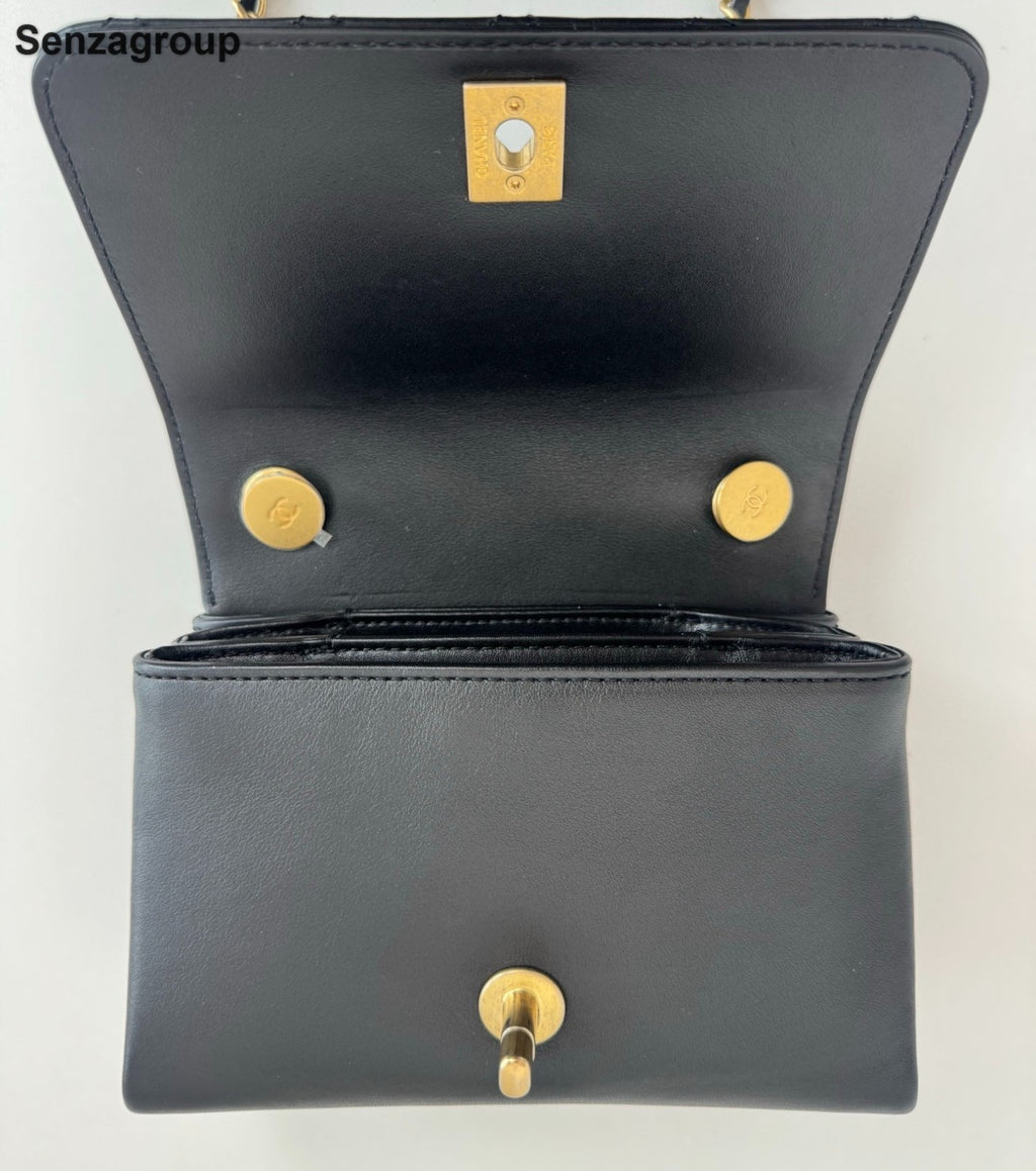Chanel Diamond Chain Calfskin Top Handle Shoulder Crossbody Black Gold Women