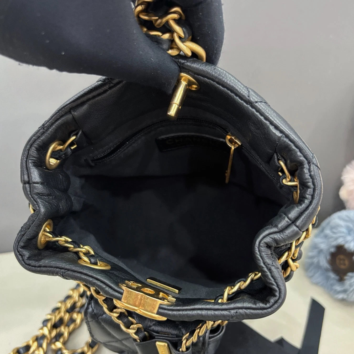 Chanel Diamond Calfskin Chain Backpack Black Gold Women Classic