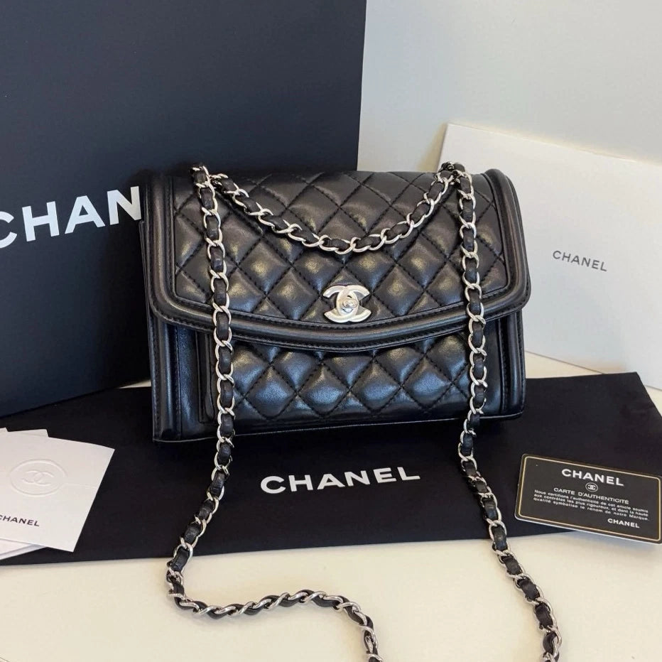 Chanel Classic Flap PM Chain Shoulder Crossbody Black Silver Diamond Women