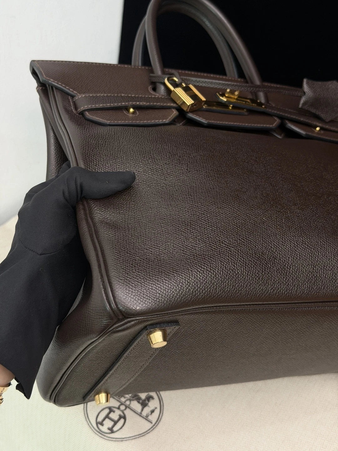 Authentic Hermes Hac 32 Ebene Epsom Leather Tote Top Handle Bag Gold Hardware