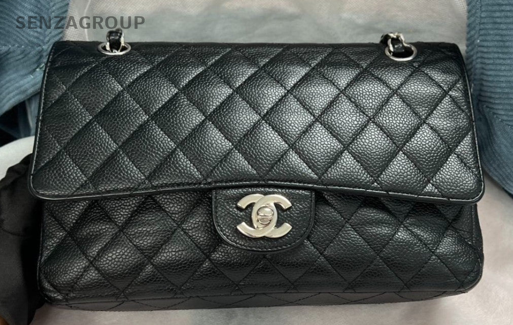 Chanel Classic Flap MM Chain Shoulder Bag Black Silver Used Women Designer
