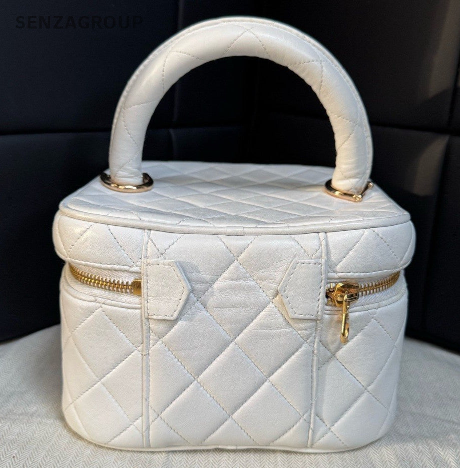 Chanel Diamond 2Way Top Handle Bag Chain Crossbody White Gold Women Classic