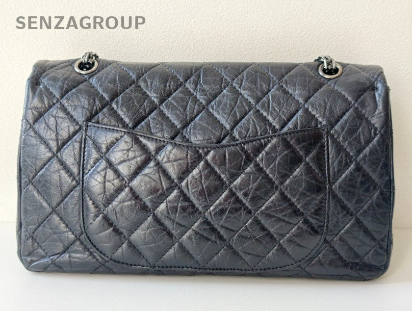 Chanel 2.55 Chain Calfskin Shoulder Bag Black Silver Women Classic Diamond