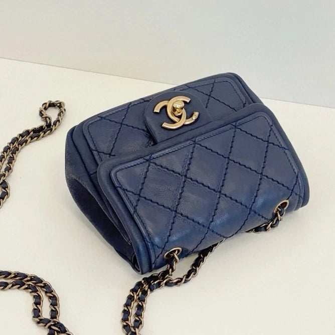 Chanel Classic Flap Chain Shoulder Bag Crossbody Blue Gold Women Diamond